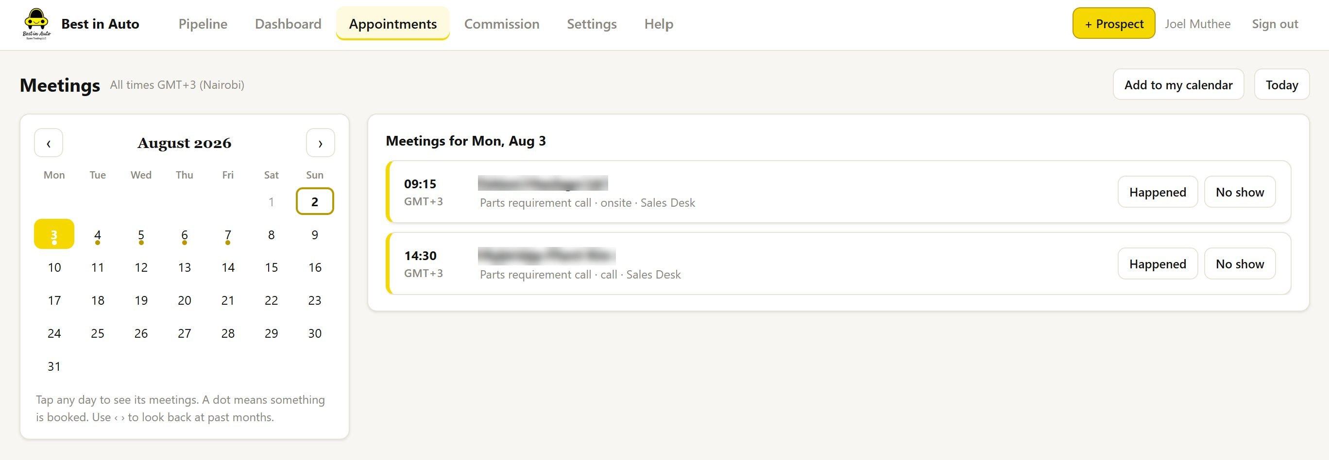 Best in Auto meetings calendar: a month view with a dot on every booked day, and that day's meetings listed with Happened and No show buttons. Company names are hidden.