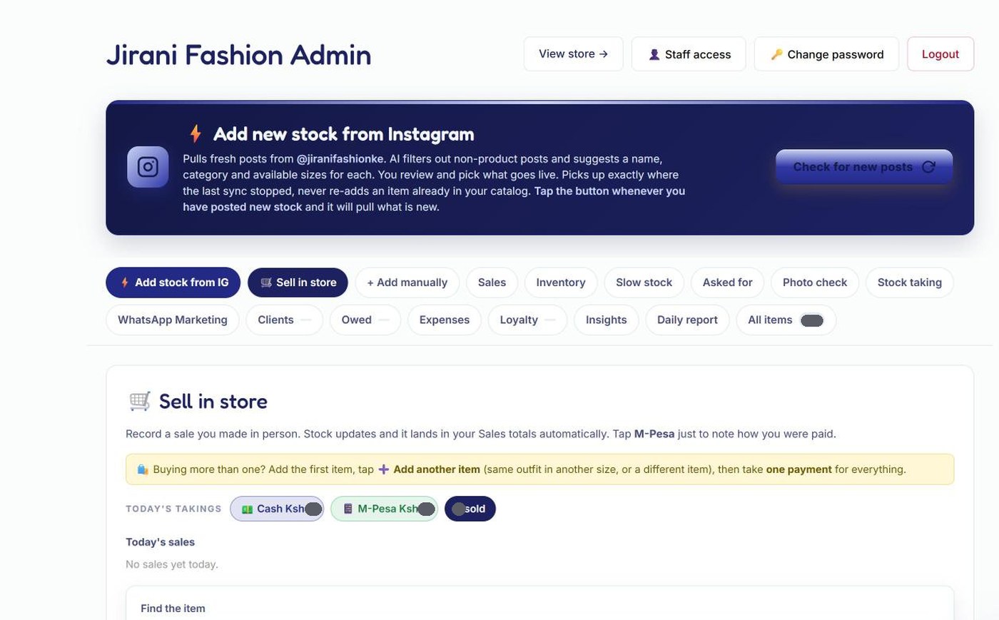 Jirani Fashion Shop Manager dashboard: Instagram product sync, the full feature menu and the Sell in store screen, with figures hidden