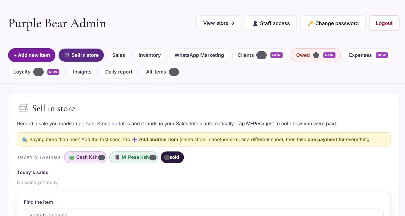Purple Bear Shop Manager dashboard: the feature menu and the Sell in store screen