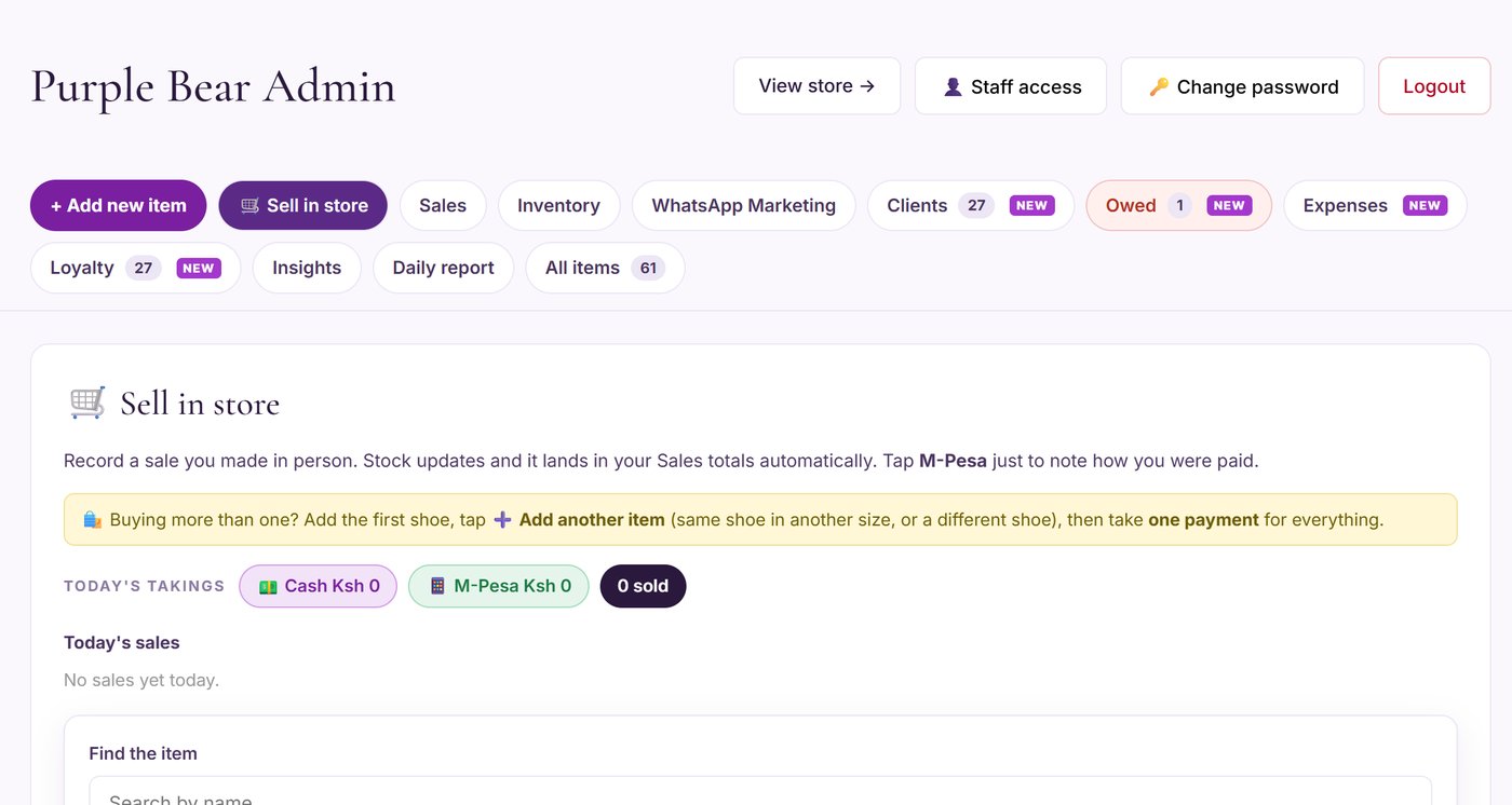 Purple Bear Shop Manager dashboard: the feature menu and the Sell in store screen