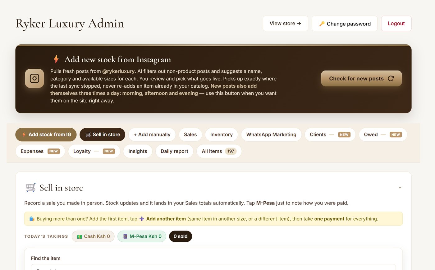 Ryker Luxury Shop Manager dashboard: Instagram product sync, the full feature menu and the Sell in store screen