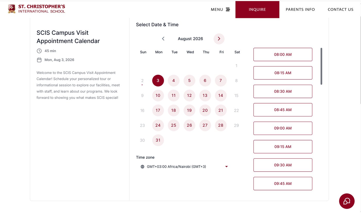 St. Christopher's School Visit Booking Calendar: parents pick a date and time slot for a campus tour