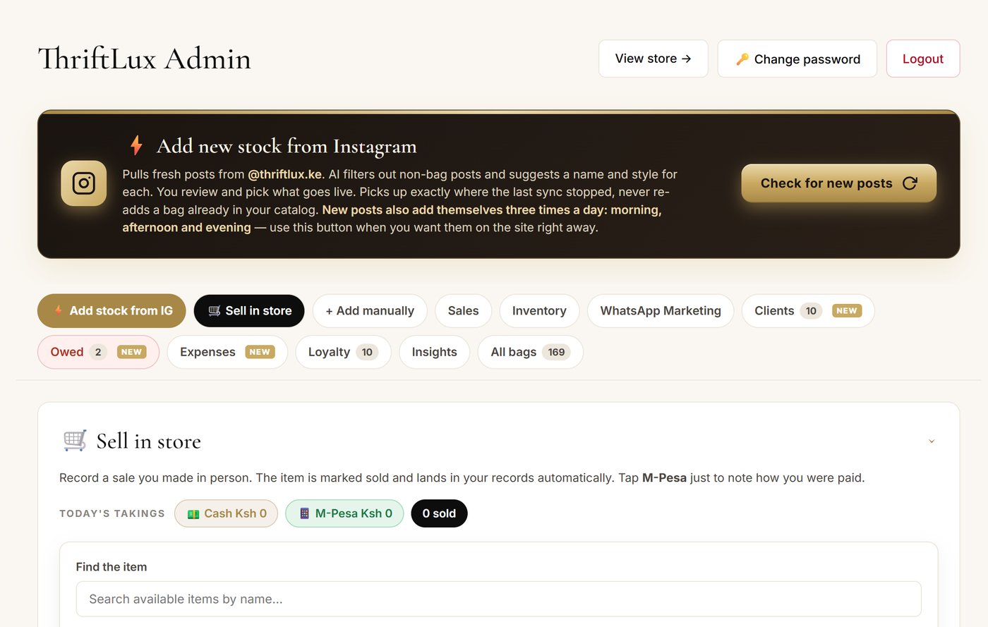 ThriftLux Shop Manager dashboard: Instagram product sync, the full feature menu and the Sell in store screen