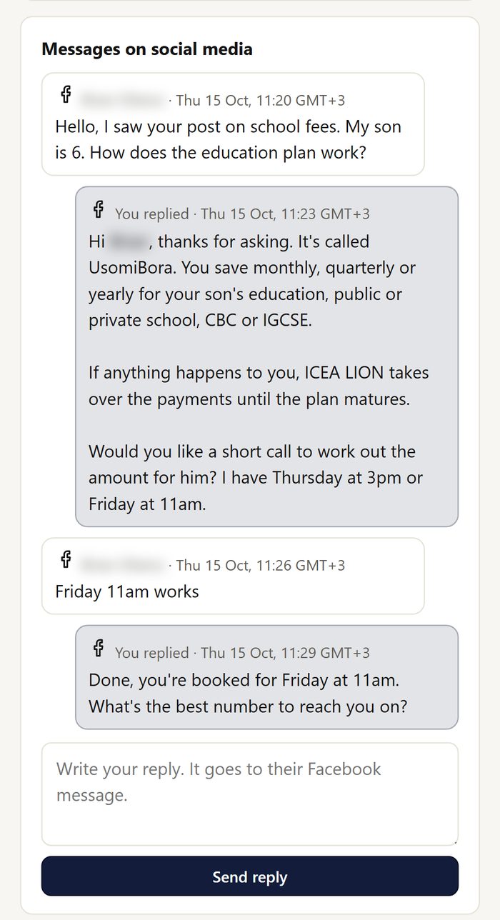 Client card with the Facebook conversation