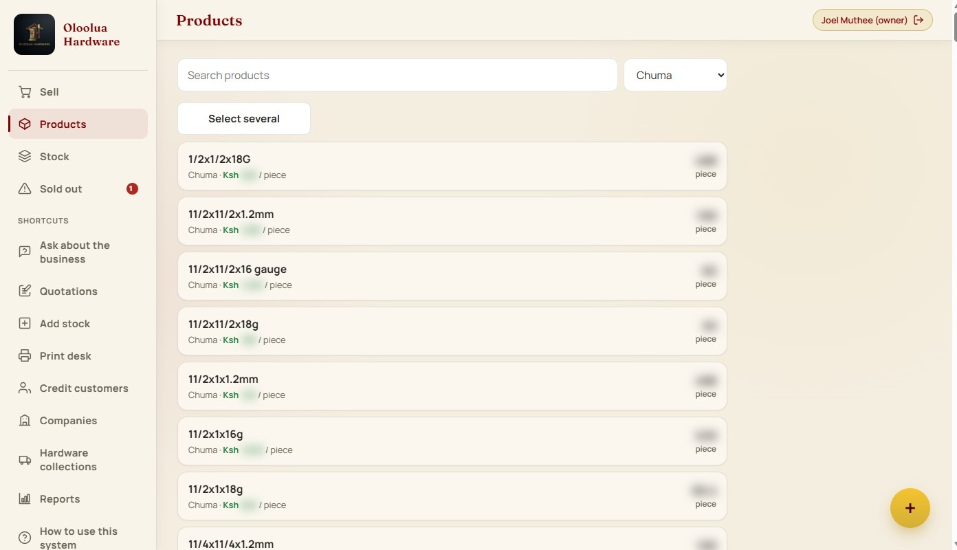 The product list in Hardware Manager: search, category, price per unit and stock left for each item.