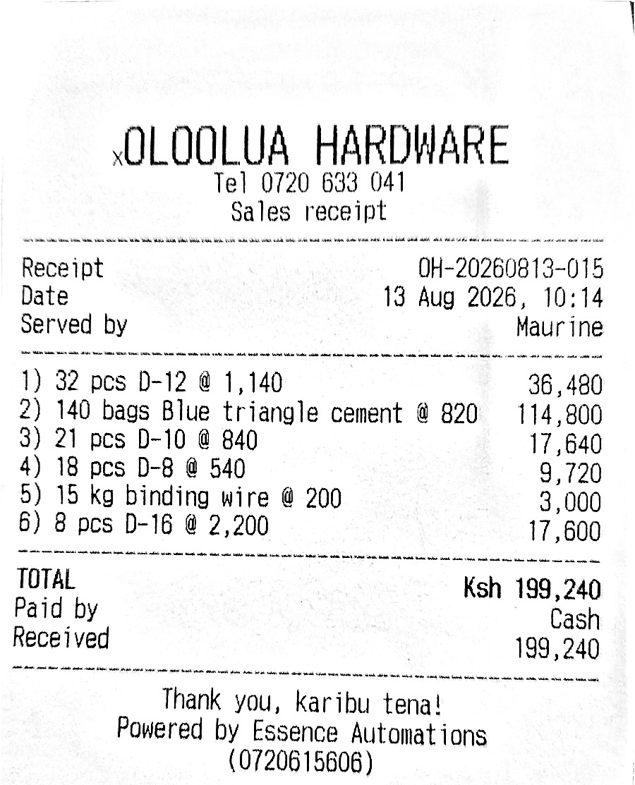 A printed Hardware Manager sales receipt from Oloolua Hardware: six numbered lines with quantities and unit prices, total Ksh 199,240, paid by cash, with the amount received shown underneath.