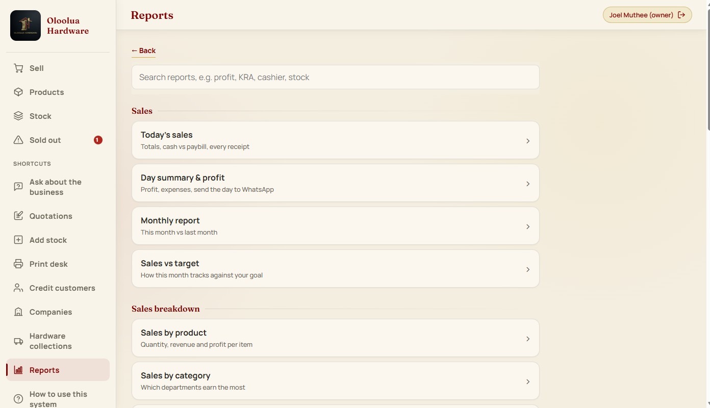 The reports menu in Hardware Manager: today's sales, day summary and profit, monthly report, sales versus target, sales by product and by category.