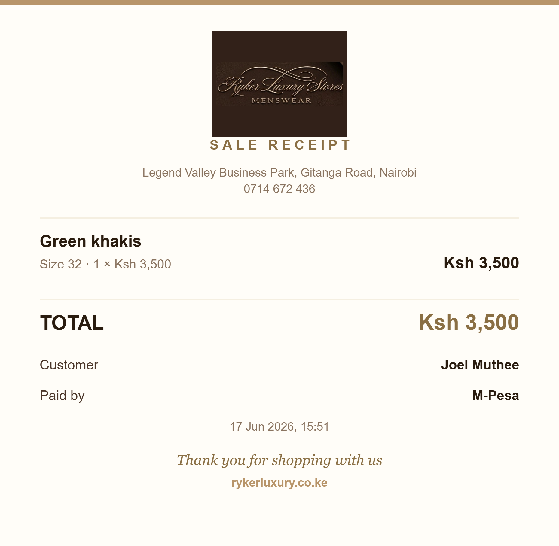A branded sale receipt image from Shop Manager: the shop's logo, SALE RECEIPT, address and phone, the item with size and price, the total in gold, the customer's name, how they paid, the date, and a thank-you with the shop's web address