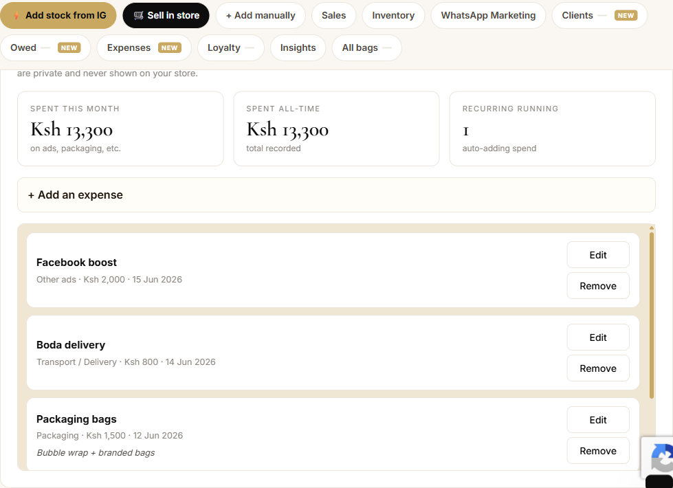 The Expenses dashboard in Shop Manager: spent this month, spent all-time and recurring count, with a list of logged expenses like Instagram ads, packaging and delivery
