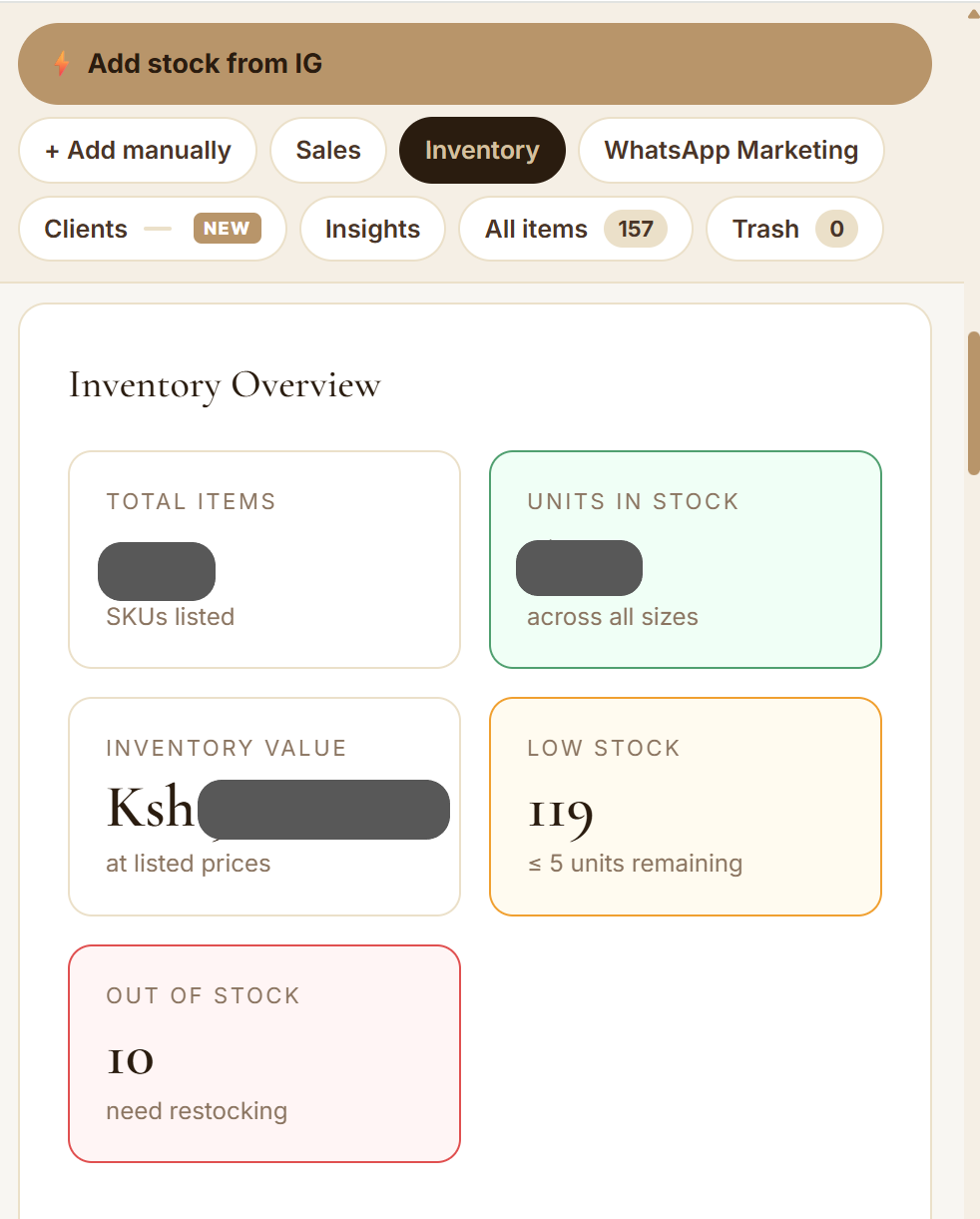 The shop's Inventory Overview screen, showing stock levels at a glance while the owner is away