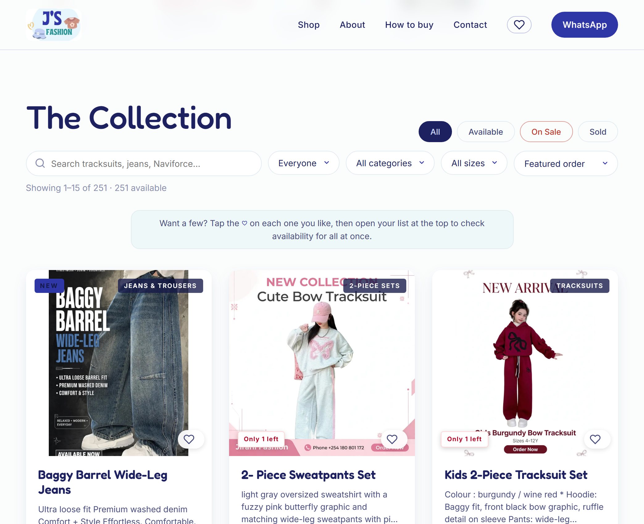 A live shop's online storefront, with filters for what's available, category and size, that customers browse and order from on WhatsApp