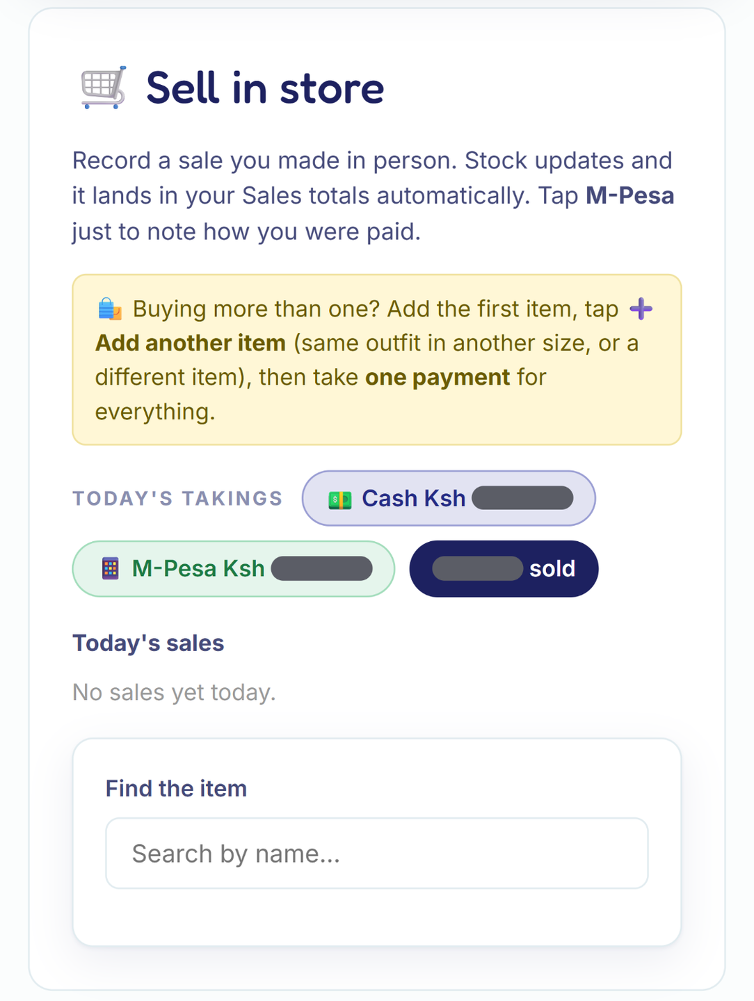 Sell in store screen from Jirani Fashion's admin, with today's takings hidden