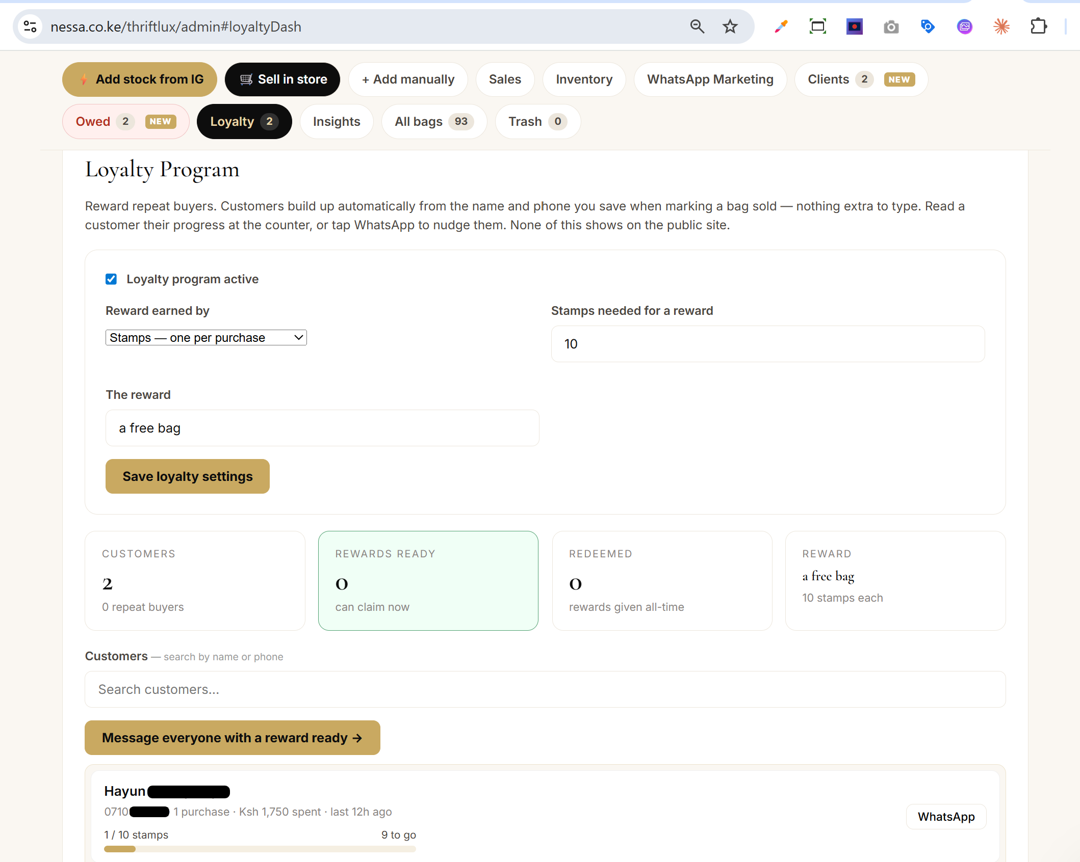The Loyalty Program tab in the admin: reward settings, customers, rewards ready and redeemed counts, and each buyer's stamp progress toward a free reward