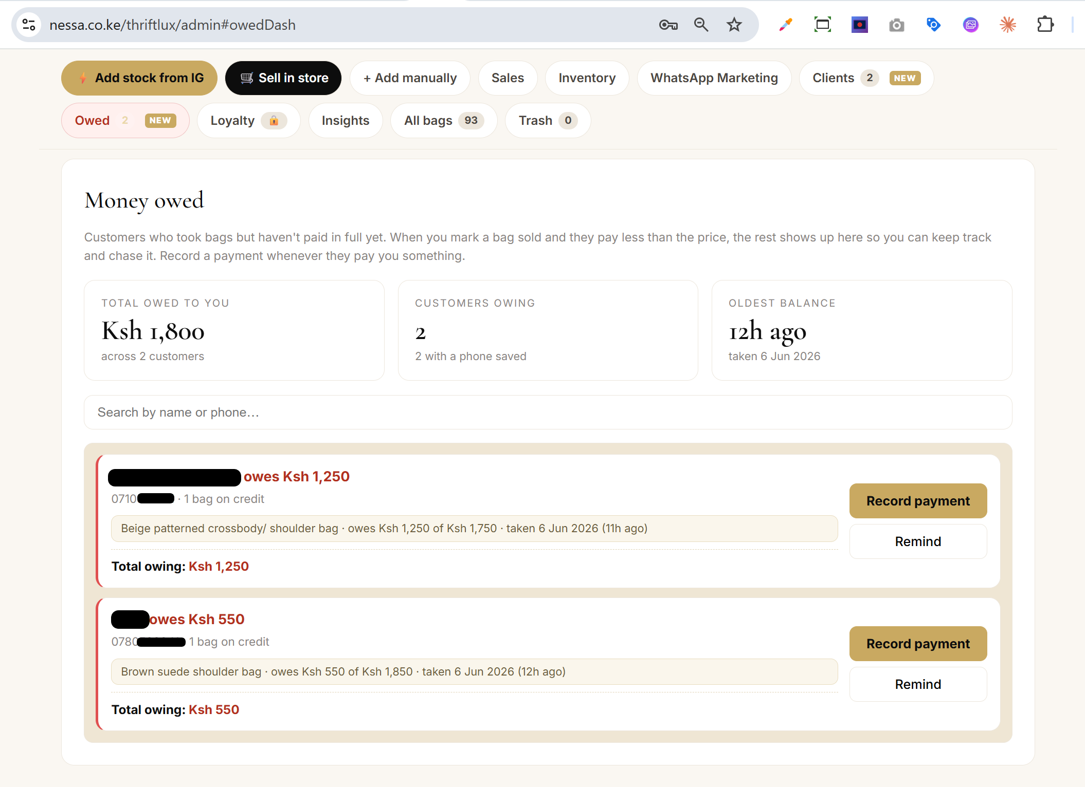 The Money owed dashboard in the admin: total owed to you, each customer's running balance, oldest balance, and a Record payment button per person