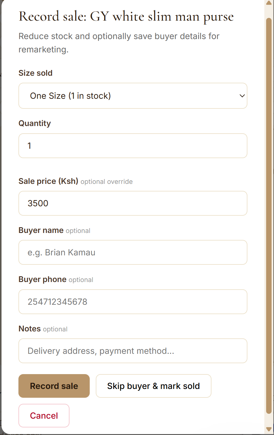 Record a sale screen