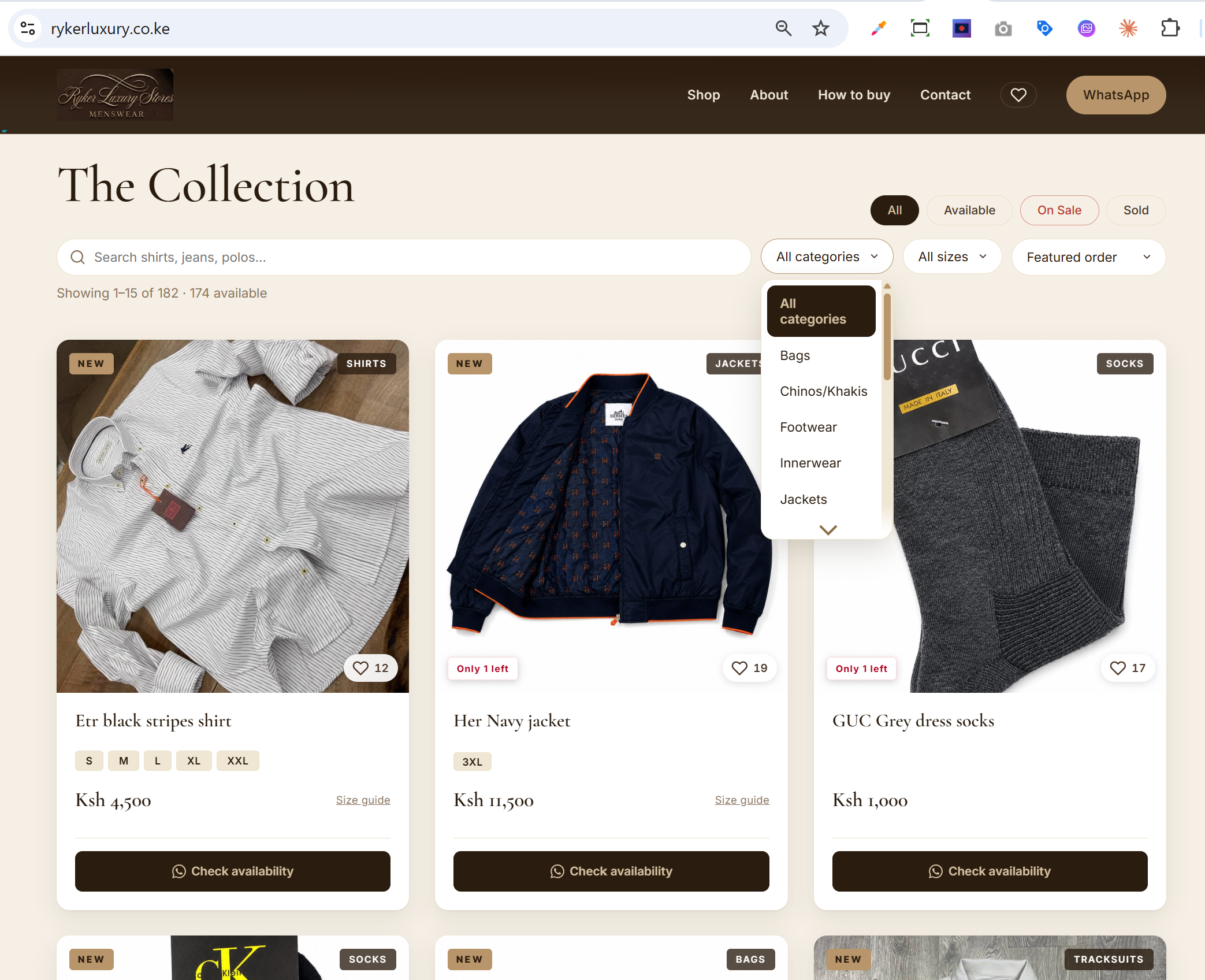 A live shop's online storefront, with filters for what's available, category and size, that customers browse and order from on WhatsApp
