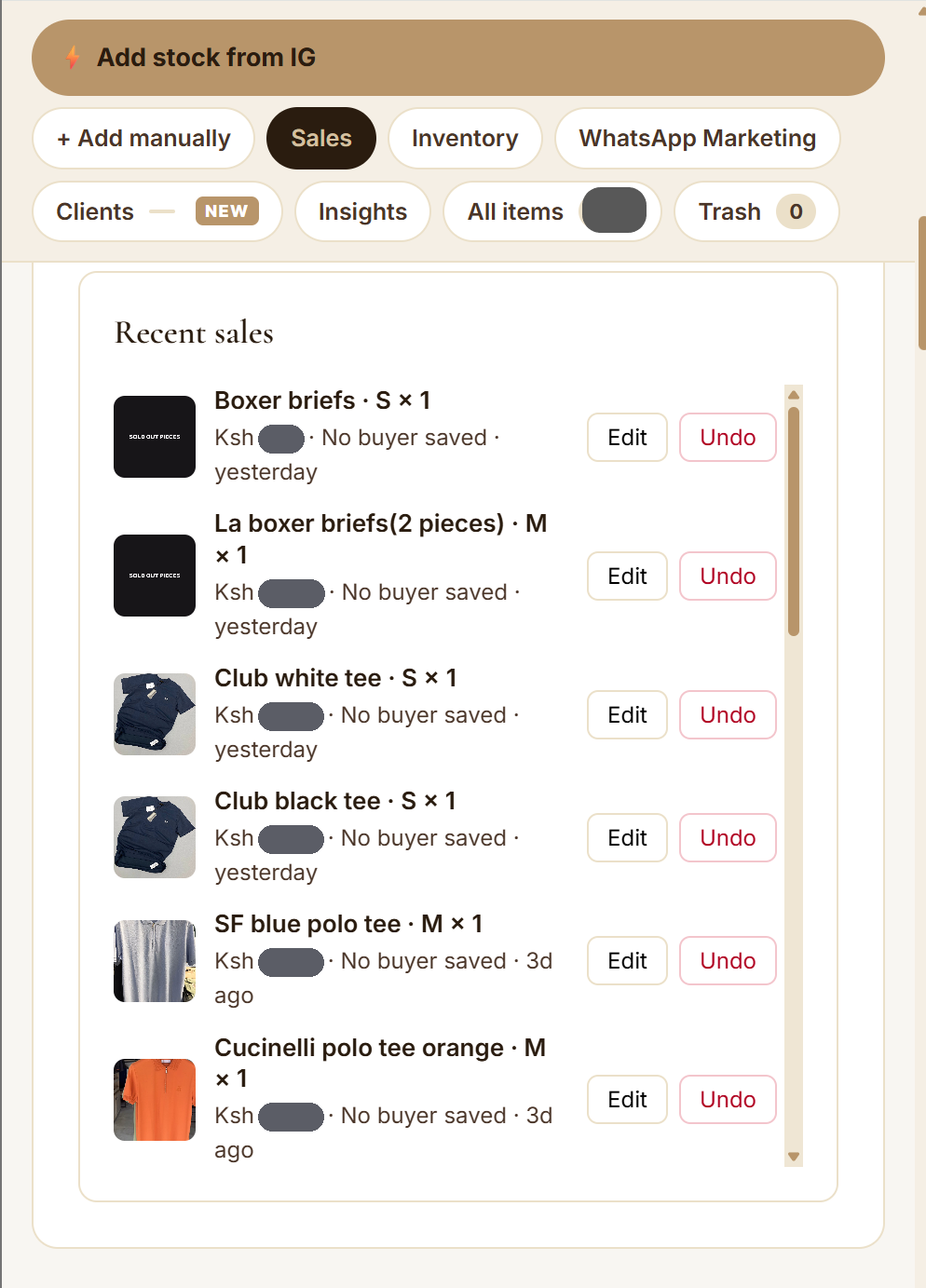 Recent sales screen