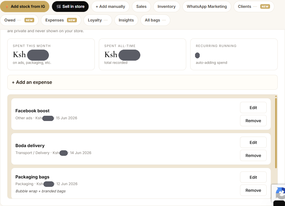 Expenses screen