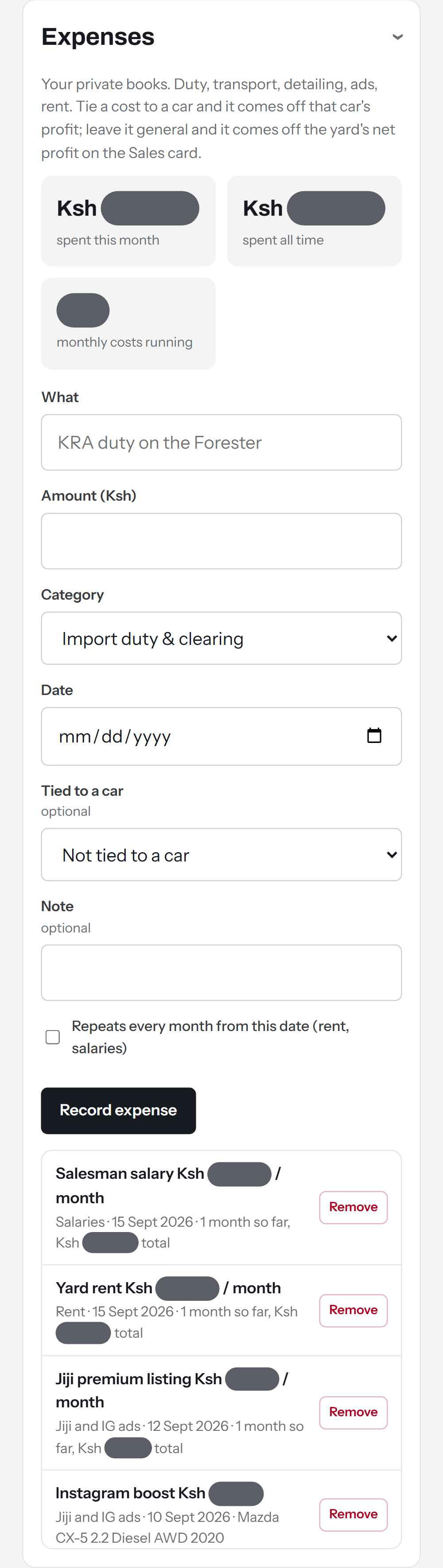 Expenses screen