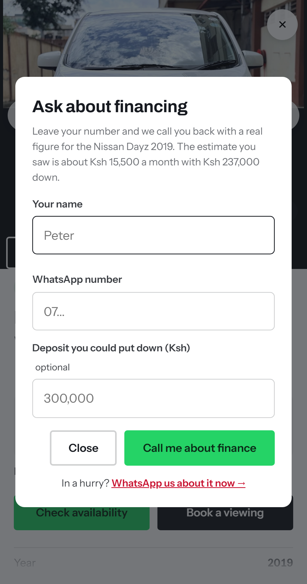 Ask about financing form on a car page