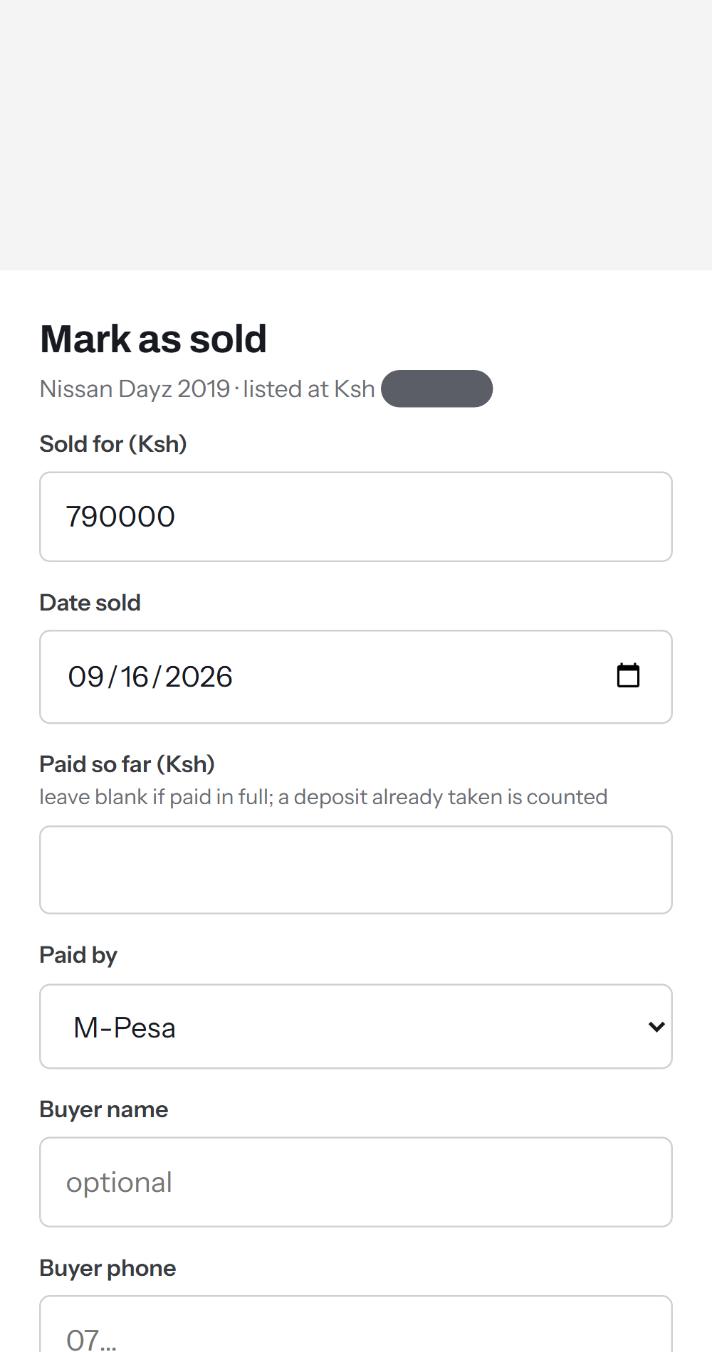 Mark as sold screen