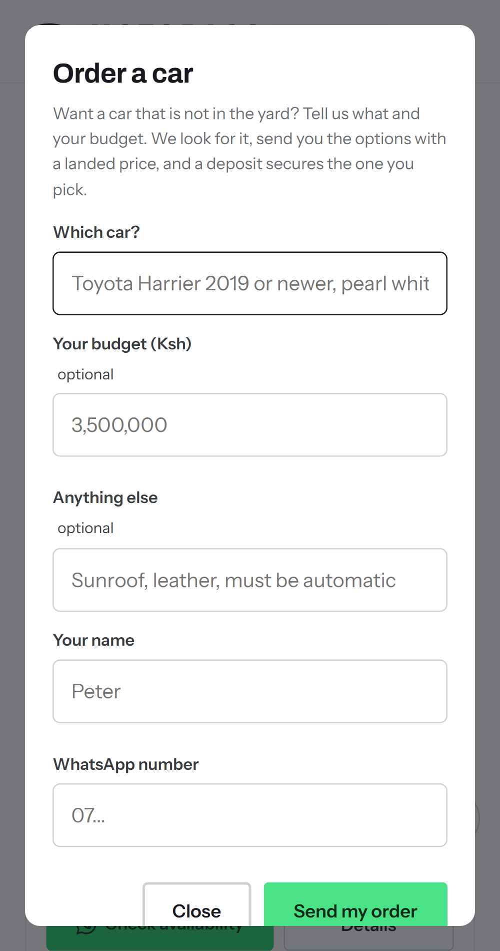 Order a car form
