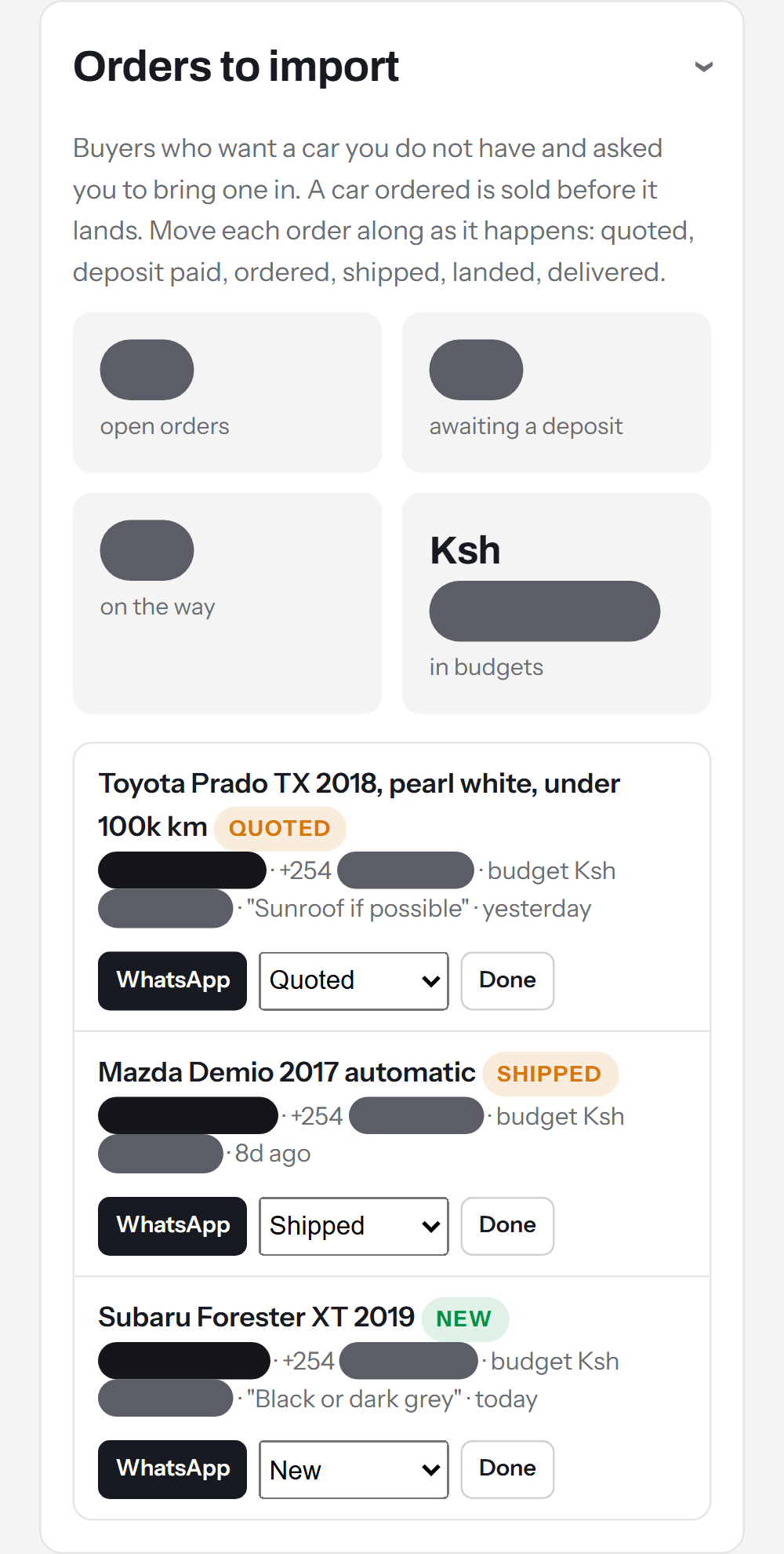 Orders to import screen