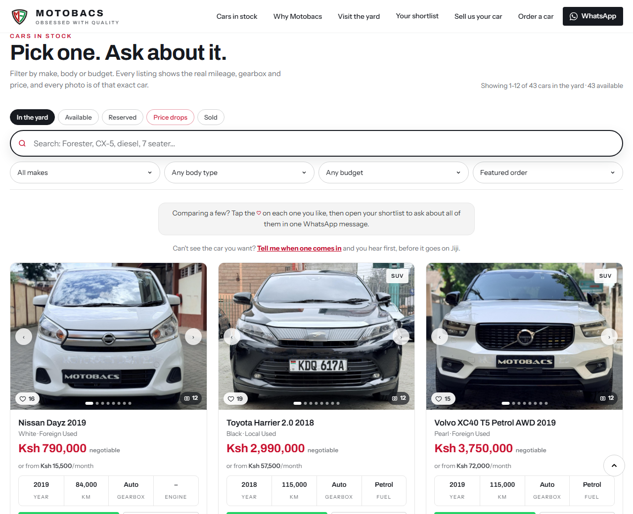 A live yard's website, with filters for availability, make, body type and budget, that buyers browse and enquire from on WhatsApp